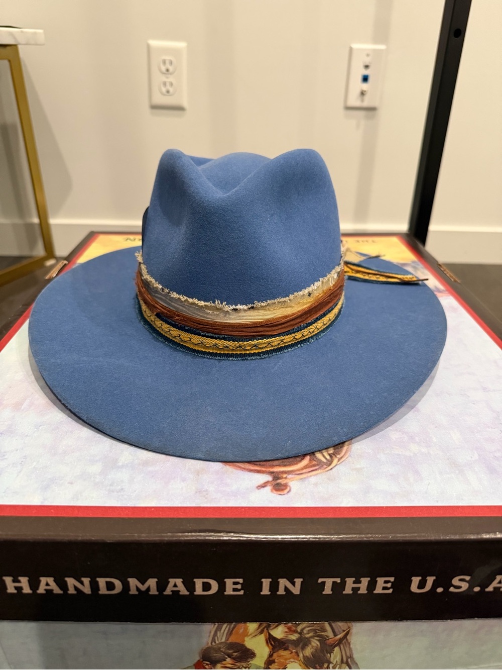 Blue Wide-Brim rabbit cowboy Hat with Decorative Band